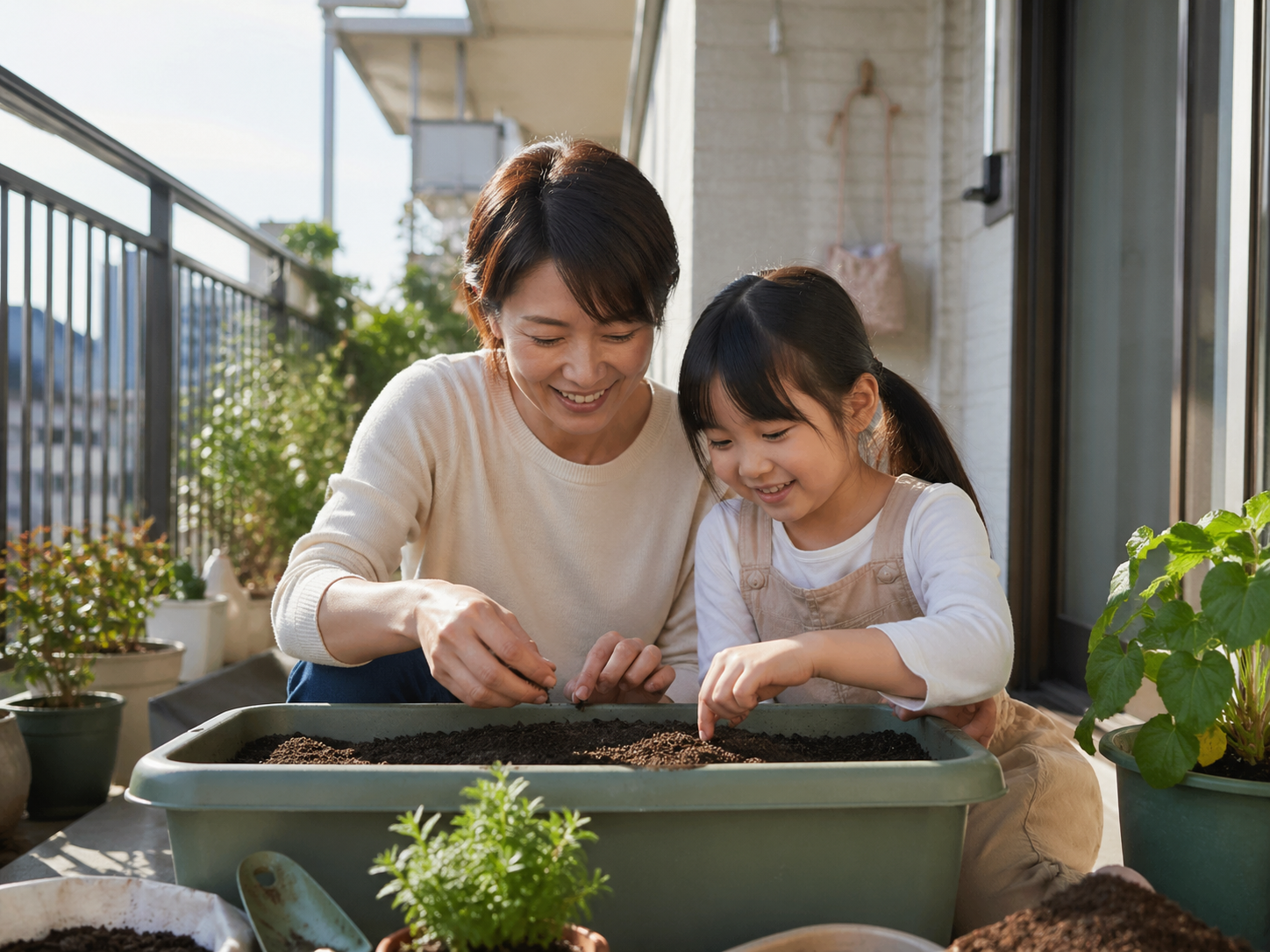 親子でベランダ菜園を楽しむシーン