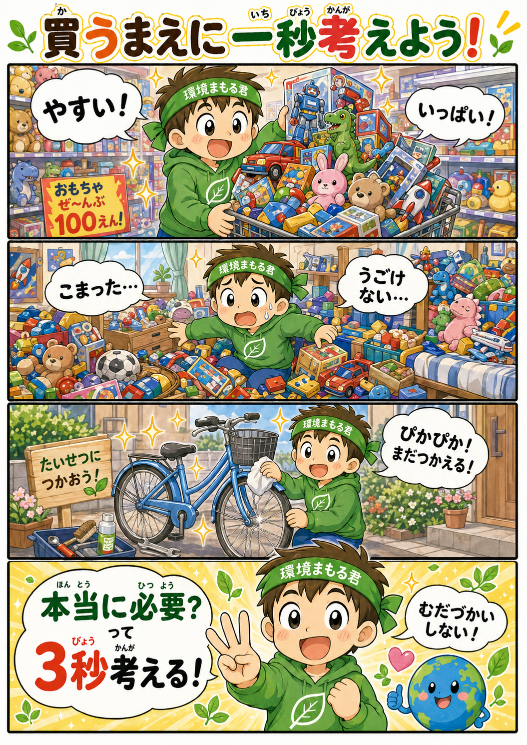 環境まもる君と学ぶ「買うまえに一秒考えよう!」4コマ漫画
