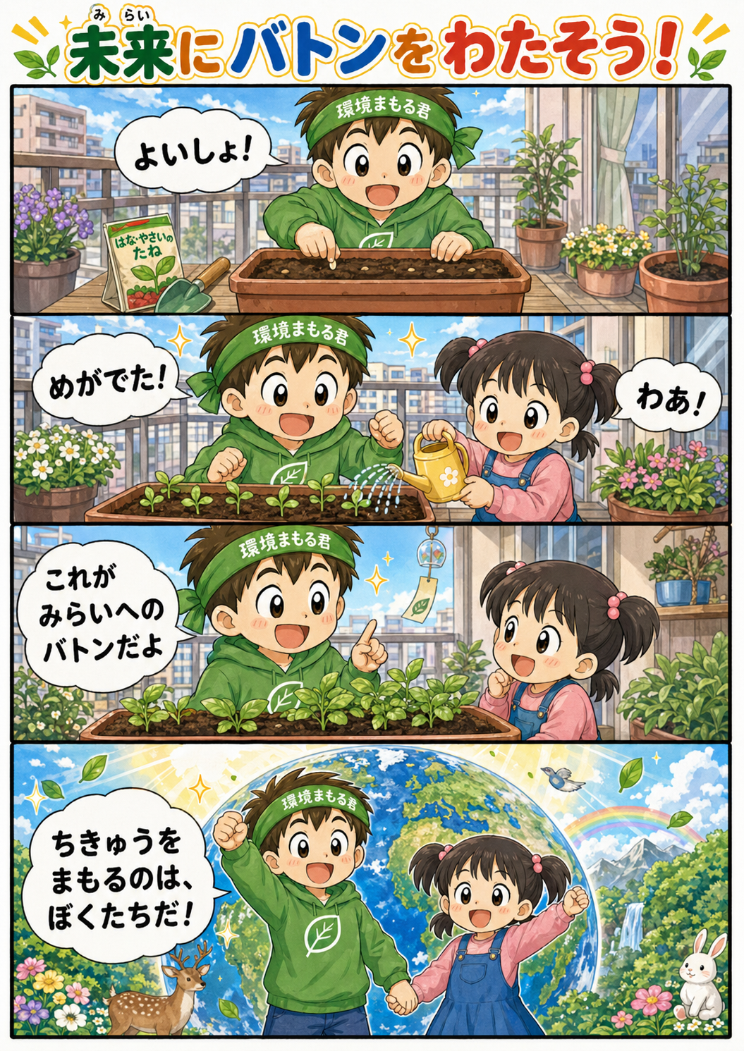 環境まもる君と学ぶ「未来にバトンをわたそう!」4コマ漫画