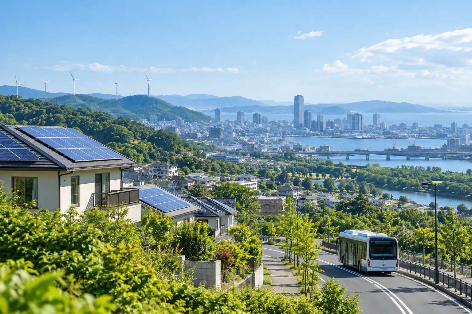 脱炭素は実現するのかを表す都市と再生可能エネルギーの風景
