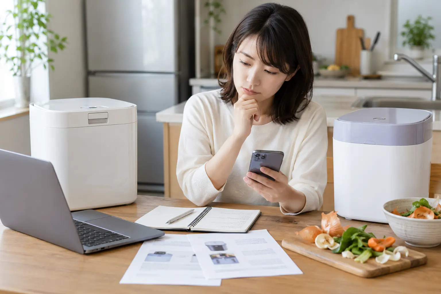 生ごみ処理機の口コミと公式情報を比較する女性
