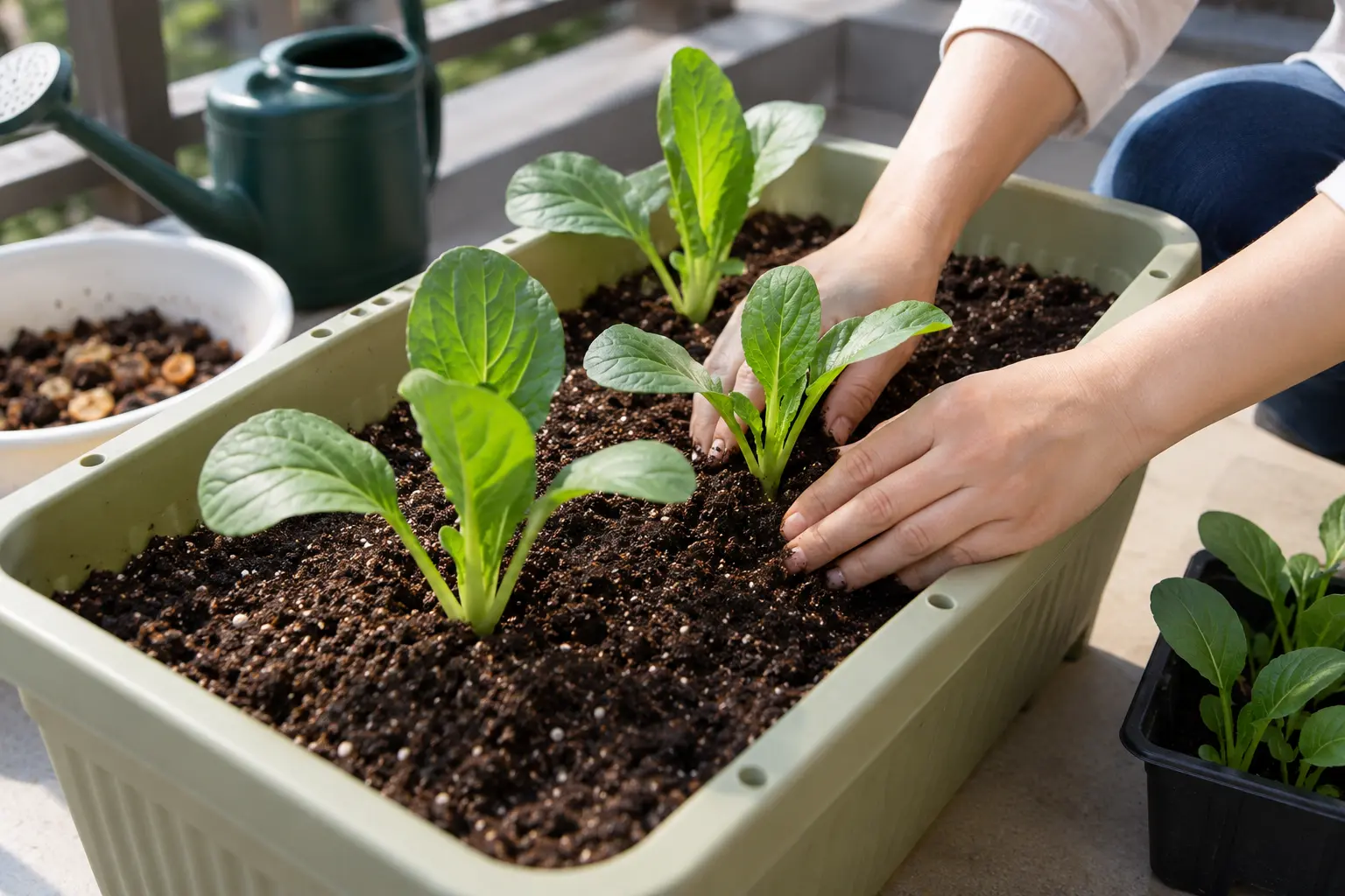 12リットルのプランターへ小松菜を植える様子