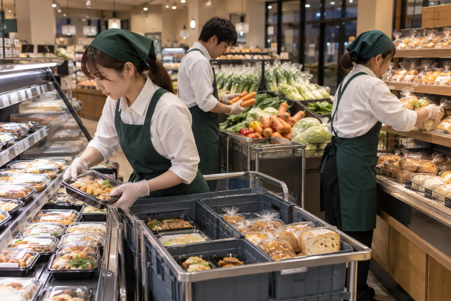 食品小売で売れ残り食品を回収し仕分けるスタッフ