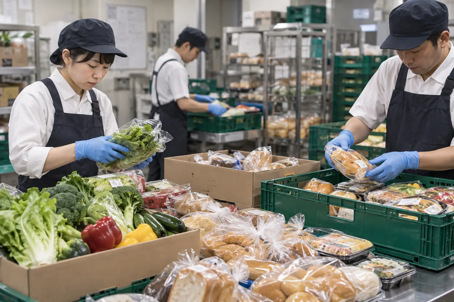 日本の食品小売で発生する食品ロスを仕分けるスタッフ