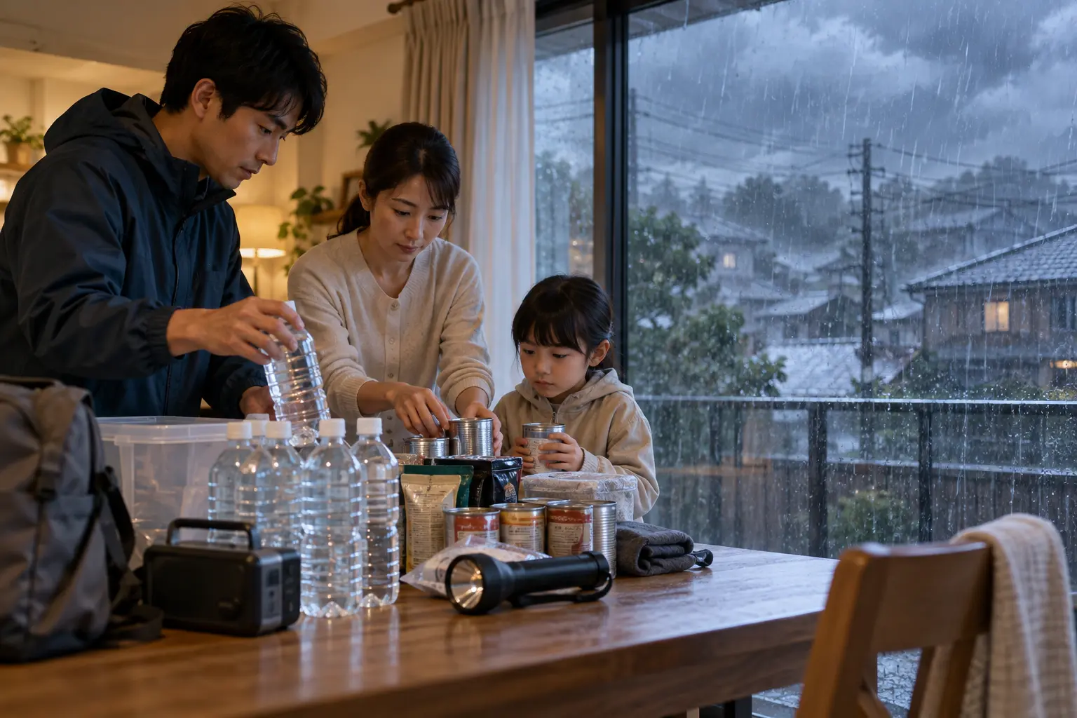 線状降水帯・大雨に備えて食料と防災用品を確認する家庭