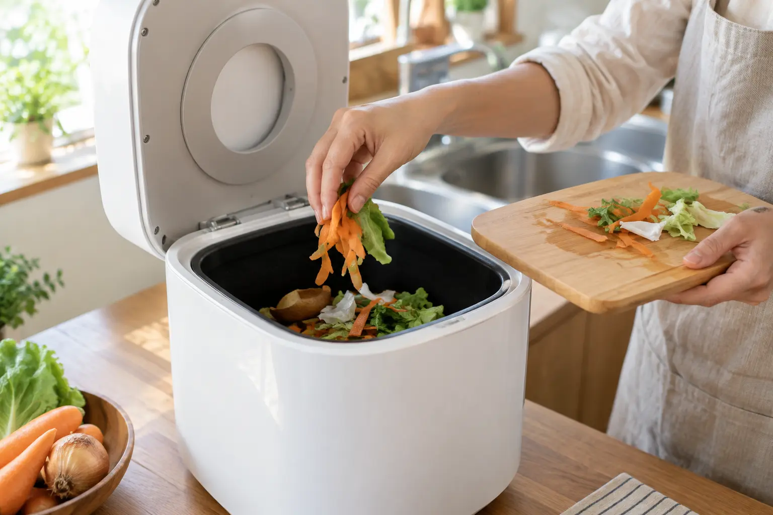 調理中に生ごみを追加投入できる乾燥式処理機の使用イメージ