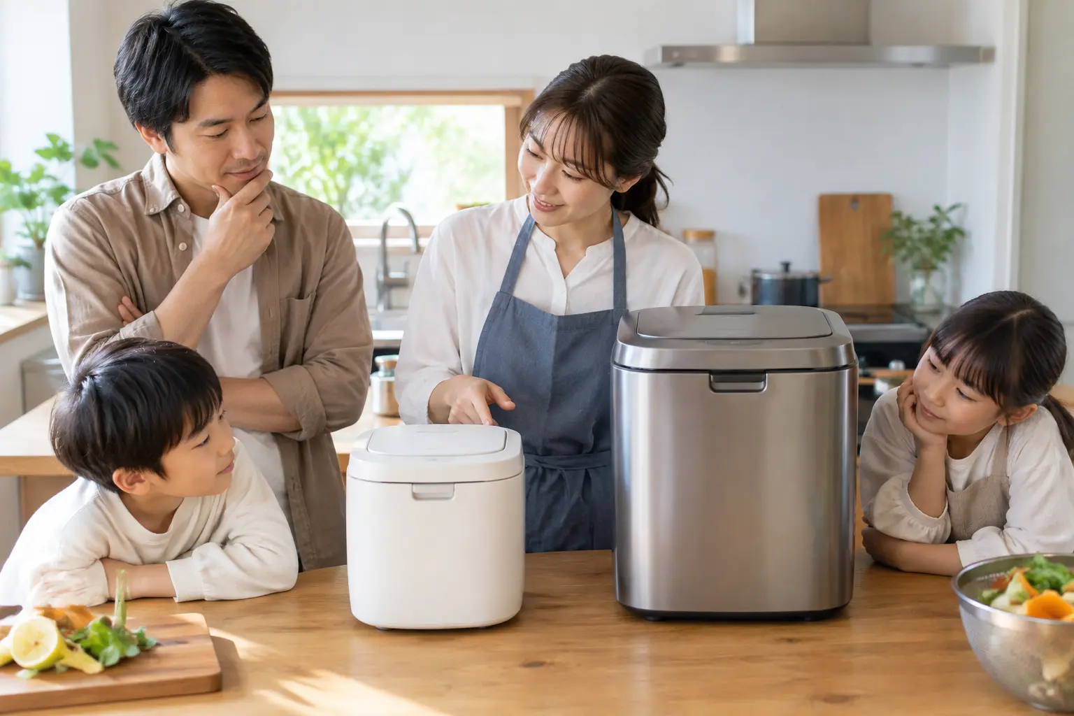 家族人数と生ごみ量に合う生ごみ処理機を選ぶ様子