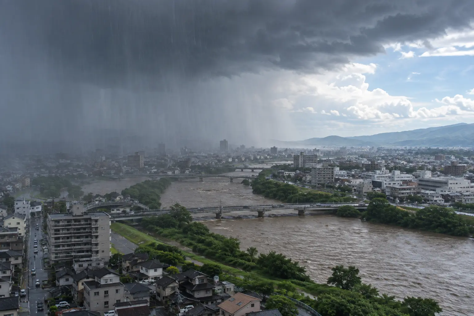 雨の降り方が極端化した日本の市街地と増水した川