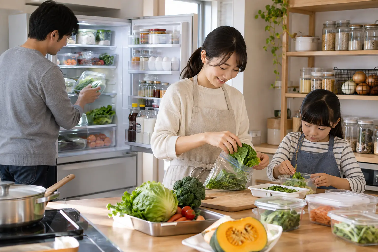 食品を捨てない備え方として家庭で保存を工夫する様子