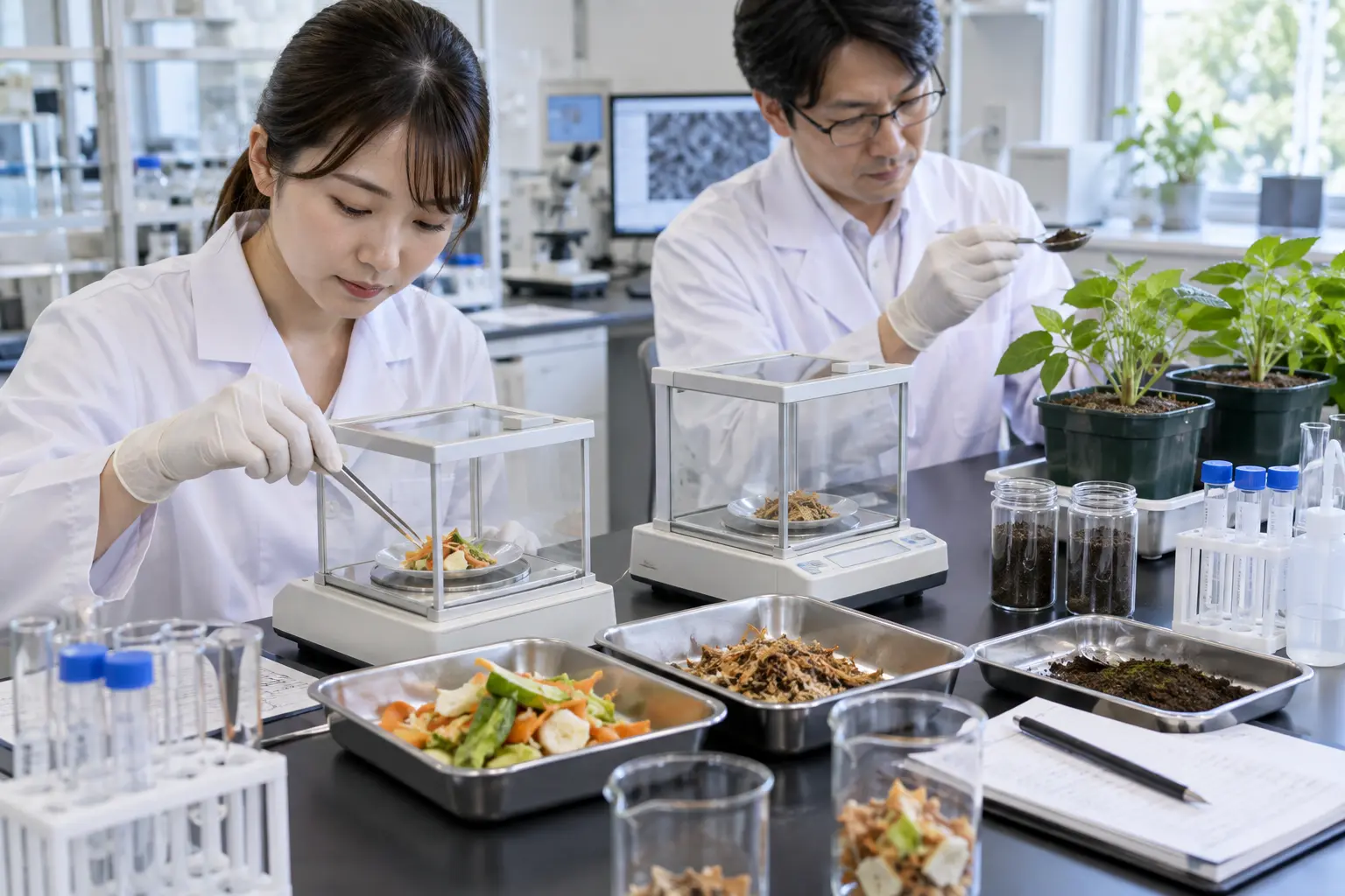 大学共同実験と第三者試験で生ごみ乾燥物を測定する様子