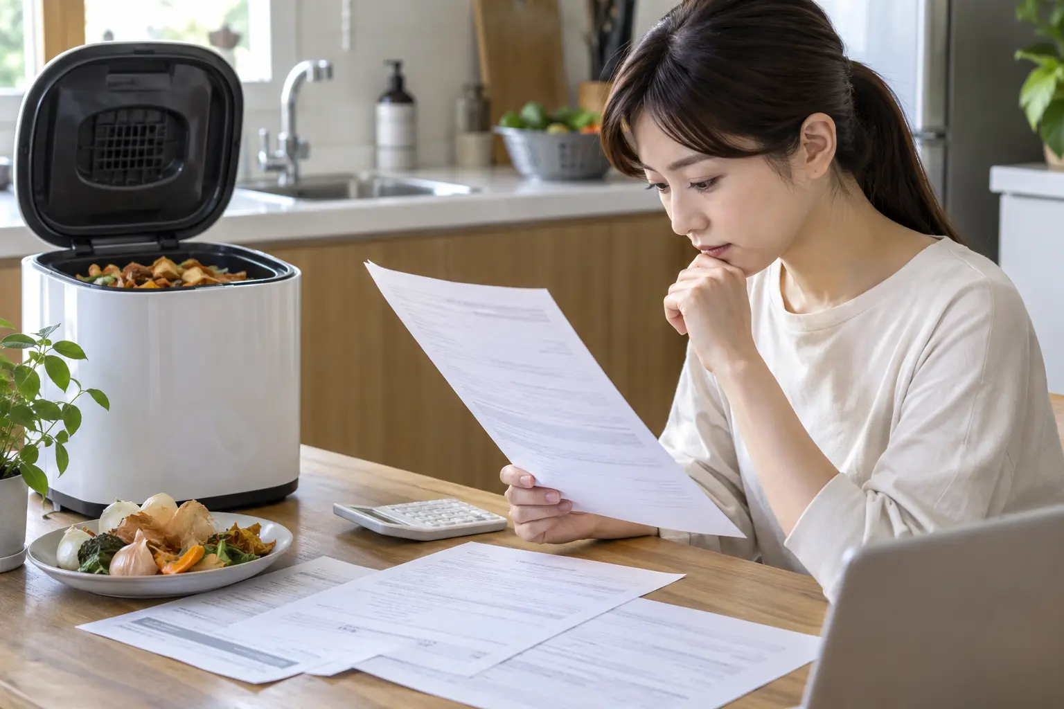 生ごみ乾燥機の助成金申請前に書類を確認する様子