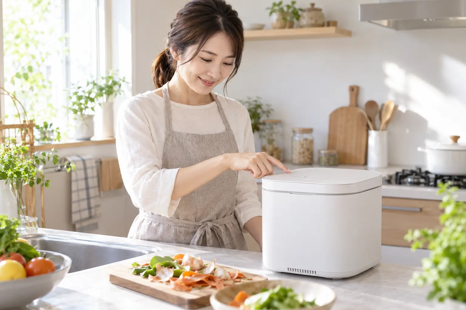 水平なキッチンカウンターに置いたパリパリキューの操作を確認する女性